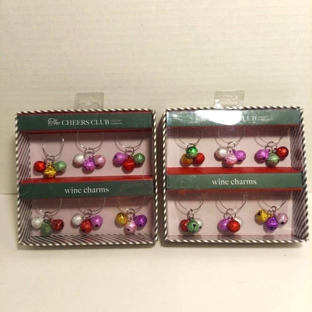 Lot of 2 Sets of 6 The Cheers Club Christmas Jingle Bells Wine Charms NEW